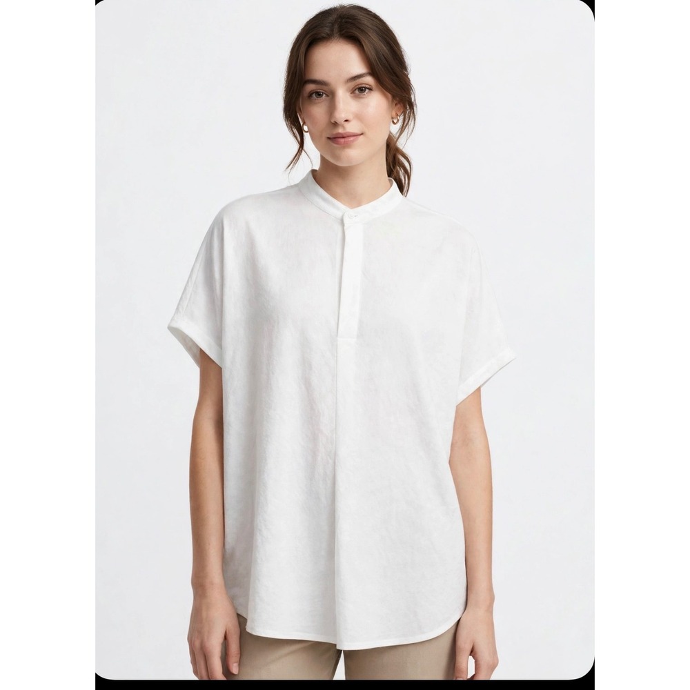 Club Monaco Womens White Band Collar Short Sleeve Viscose Blouse XL/TG